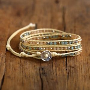 Crystal beaded multi layer leather bracelet